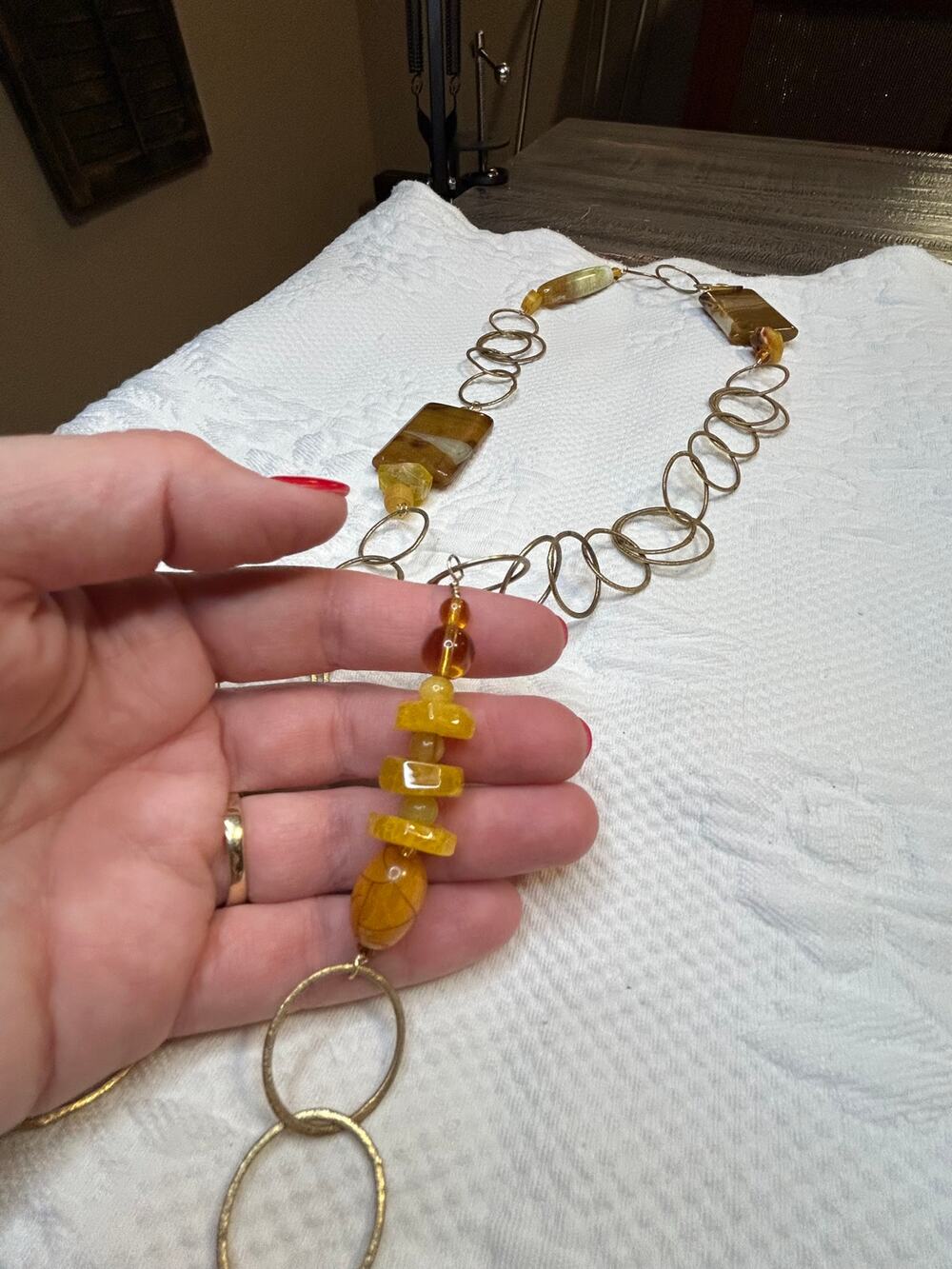Long Gold Tone Vintage Statement Stone Necklace